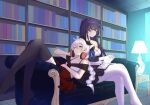  2girls absurdres antenna_hair bangs bare_shoulders black_legwear black_skirt blue_eyes book braid cabinet ceiling closed_mouth couch crossed_legs desk elbow_gloves floor gloves hair_between_eyes headband headphones headphones_around_neck highres holding holding_book honkai_(series) honkai_impact_3rd indoors kiana_kaslana lamp library long_hair lying lying_on_person multiple_girls no_shoes on_back one_eye_closed ponytail purple_eyes purple_hair raiden_mei reading red_skirt shirt sitting skirt table thighhighs twin_braids white_gloves white_hair white_legwear white_shirt yichuanxue 