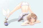  1girl :/ all_fours ankle_ribbon ass back bare_legs bare_shoulders blanc blue_eyes blush brown_hair clothes_lift commentary_request cross_print dress dress_lift embarrassed full_body hair_between_eyes jack-o&#039;_challenge legs legs_apart looking_at_viewer medium_hair meme neptune_(series) panties ray_726 ribbon solo spaghetti_strap thighs top-down_bottom-up underwear white_dress white_panties white_ribbon 