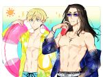  2boys akeno06 baji_keisuke bangs black_hair black_shorts blonde_hair blue_background blue_eyes blue_shirt blue_shorts closed_mouth cowboy_shot cross cup drinking_straw earrings fang gradient gradient_background hair_between_eyes highres holding holding_cup innertube jacket jewelry long_hair long_sleeves looking_away male_focus matsuno_chifuyu multiple_boys necklace off_shoulder open_clothes open_jacket see-through_shirt shirt short_hair shorts single_earring standing sunglasses tokyo_revengers toned toned_male yellow_background yellow_jacket 