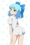  1girl alternate_costume blue_bow bow cato_(monocatienus) cirno cirno_day commentary dress eyebrows_visible_through_hair from_side hair_bow highres large_bow leaning_forward light_blue_eyes light_blue_hair long_hair looking_at_viewer open_mouth polka_dot polka_dot_background short_sleeves simple_background solo touhou white_dress 