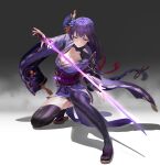  1girl 1s44c absurdres black_legwear bridal_gauntlets clog_sandals coattails feet flower genshin_impact highres holding holding_sword holding_weapon japanese_clothes katana kimono mole mole_under_eye obiage obijime purple_flower purple_hair purple_kimono purple_nails raiden_shogun sash sword tassel thighhighs tomoe_(symbol) weapon 