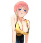  1girl bare_arms bare_shoulders black_bra blue_eyes blush bra breasts cleavage earrings foreshortening go-toubun_no_hanayome highres jewelry large_breasts leaning_forward looking_at_viewer mitsugu nakano_ichika pants parted_lips pink_hair short_hair simple_background solo stud_earrings tank_top underwear white_background 