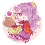  2girls biyon blonde_hair chibi full_body hair_ornament hair_over_one_eye hair_ribbon half_updo holding_hands japanese_clothes kimono komakusa_sannyo long_hair looking_at_another medium_hair multiple_girls okobo open_mouth ponytail purple_hair purple_skirt red_eyes red_kimono red_vest ribbon short_sleeves skirt smile tamatsukuri_misumaru touhou twitter_username vest wide_sleeves yellow_ribbon yellow_skirt 