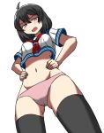  1girl absurdres ahoge ass_visible_through_thighs black_hair blue_sailor_collar blush breasts commission from_below groin hair_between_eyes hands_on_hips highres invader medium_breasts navel neckerchief no_pants original panties pink_panties red_eyes red_neckwear sailor_collar short_hair solo thighhighs thighs underwear 