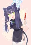  1girl animal_ear_fluff animal_ears bangs black_dress black_hair blue_archive blunt_bangs china_dress chinese_clothes dango dress food green_eyes highres kano_hito long_hair looking_at_viewer open_mouth shun_(blue_archive) skewer smile solo thighhighs tiger_ears tiger_girl twintails wagashi waving white_legwear 