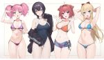  4girls :d :o ahoge akaza_akari arm_up armpits arms_behind_head arms_up bare_arms bare_shoulders bikini black_hair black_jacket blonde_hair blue_bikini blue_eyes blue_shorts bow breasts breasts_apart brown_eyes collarbone covered_navel denim denim_shorts double_bun funami_yui hair_bow hand_up hands_up highleg highleg_swimsuit highres jacket large_breasts long_hair long_sleeves looking_at_viewer multiple_girls navel off_shoulder one-piece_swimsuit open_clothes open_jacket open_mouth orange_bikini pink_hair pre_(preecho) purple_bikini purple_eyes red_hair school_swimsuit see-through short_hair short_shorts shorts side-tie_bikini smile spaghetti_strap stomach string_bikini swimsuit thighs toshinou_kyouko twintails untied untied_bikini v-shaped_eyebrows yoshikawa_chinatsu yuru_yuri 