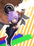  1girl amino_(tn7135) armor armored_dress bangs bow fate/grand_order fate_(series) gloves hair_over_one_eye holding holding_shield holding_weapon looking_at_viewer mash_kyrielight open_mouth purple_eyes purple_hair running shield short_hair solo weapon 