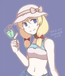  100_percent_orange_juice 1girl artist_request bikini blonde_hair blue_bikini blue_eyes blue_sarong bow breasts closed_mouth collarbone cup eyebrows_visible_through_hair fernet_(red_barrel) flying_red_barrel hair_bow hat hat_bow holding holding_cup looking_at_viewer medium_hair midriff multicolored multicolored_bikini multicolored_clothes navel pink_bow red_bow sarong small_breasts smile solo stomach swimsuit white_headwear 