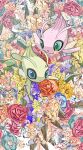  alternate_color anzu_(01010611) blue_eyes celebi closed_mouth flower green_eyes looking_to_the_side mythical_pokemon no_humans orange_flower pokemon pokemon_(creature) shiny_pokemon smile yellow_flower 