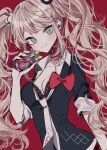  1girl bangs bear_hair_ornament black_shirt blonde_hair blue_eyes blush bow bra breasts choker cleavage collarbone commentary_request danganronpa:_trigger_happy_havoc danganronpa_(series) enoshima_junko eyebrows_visible_through_hair hair_ornament highres long_hair looking_at_viewer medium_breasts nail_polish necktie patzzi pink_hair red_background red_bow shiny shiny_hair shirt simple_background skirt sleeves_rolled_up smile solo twintails underwear white_neckwear 