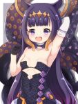  1girl :d absurdres arm_behind_head arm_up armpits bangs bare_shoulders black_gloves black_hair blunt_bangs blurry breasts choker cleavage collarbone depth_of_field detached_sleeves eyebrows_visible_through_hair gloves hairband highres hololive hololive_english long_hair looking_at_viewer mole mole_under_eye ninomae_ina&#039;nis open_mouth purple_eyes sidelocks simple_background single_glove single_sleeve small_breasts smile solo tentacle_hair tentacles virtual_youtuber zendamu 