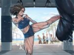  1girl 4boys abs bare_shoulders beach blurry blurry_background breasts brown_hair commentary_request day hair_between_eyes high_kick highres kicking medium_breasts midriff motion_lines multiple_boys muscular muscular_female navel orange_eyes original palm_tree punching_bag qtime4_702 scar scar_on_face scar_on_leg scar_on_stomach shirt shorts sleeveless sports_bra standing standing_on_one_leg sweat tree water 