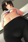  1girl absurdres bangs black_hair black_pants blush breasts brown_eyes clothes_lift eyebrows_visible_through_hair from_below highres indoors lifted_by_self looking_at_viewer looking_down matsunaga_kouyou medium_breasts navel nose_blush original pants shirt shirt_lift solo underboob white_shirt 