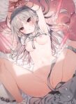  1girl :o absurdres armpits arms_up bangs bed_sheet blush bottomless bound bound_arms breasts collarbone cropped eyebrows_visible_through_hair grey_hair grey_ribbon grey_sailor_collar grey_shirt grey_skirt hair_between_eyes heart heart-shaped_pupils highres knees_up long_hair looking_at_viewer lying mafuyu_(chibi21) medium_breasts navel nipples non-web_source on_back on_bed open_mouth original pillow pleated_skirt purple_eyes sailor_collar scan school_uniform serafuku shirt short_sleeves sidelocks skirt skirt_removed socks solo spread_legs stomach sweat symbol-shaped_pupils two_side_up white_legwear 