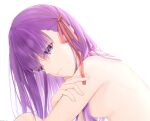  1girl bangs breasts closed_mouth eyebrows_visible_through_hair fate/stay_night fate_(series) hair_between_eyes hair_censor hair_over_breasts hair_ribbon highres leaning_forward long_hair matou_sakura medium_breasts mizuki_(s0511) nude purple_eyes purple_hair red_ribbon ribbon sideboob simple_background sitting solo white_background 