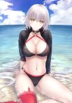  1girl absurdres ahoge bangs beach bikini black_bikini black_choker black_jacket blue_sky blush breasts choker cleavage closed_mouth collarbone cropped_jacket day fate/grand_order fate_(series) highres jacket jeanne_d&#039;arc_(alter_swimsuit_berserker)_(fate) jeanne_d&#039;arc_(fate)_(all) large_breasts long_hair long_sleeves looking_at_viewer navel o-ring o-ring_bikini ocean okuma707 pale_skin red_legwear revision silver_hair single_thighhigh sitting sky swimsuit thighhighs thighs very_long_hair yellow_eyes 