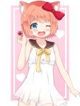 1girl ;d animal_ears bangs blue_eyes bow candy cat_ears chocolate chocolate_heart collarbone commentary_request doki_doki_literature_club dress eyebrows_visible_through_hair fang food groin hair_bow hair_ribbon heart highres holding kemonomimi_mode looking_at_viewer one_eye_closed open_mouth pink_hair ribbon sailor_collar sailor_dress sayori_(doki_doki_literature_club) see-through short_hair sidelocks simple_background smile solo valentine white_dress zendamu 