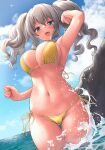  1girl awa_yume bikini blue_eyes blush breasts day grey_hair groin kantai_collection kashima_(kancolle) large_breasts navel ocean partially_submerged rock solo sparkle swimsuit thigh_gap thighs twintails water yellow_bikini 