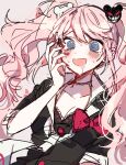  1girl bangs bear_hair_ornament black_shirt blue_eyes blush bow bra breasts choker cleavage commentary_request crazy_eyes danganronpa:_trigger_happy_havoc danganronpa_(series) enoshima_junko eyebrows_visible_through_hair hair_ornament hand_up highres large_breasts long_hair medium_breasts nail_polish patzzi pink_hair red_bow saliva shirt simple_background sketch solo twintails underwear upper_body white_neckwear 