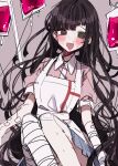  1girl apron bandaged_arm bandaged_leg bandages bangs black_hair blood blood_bag blue_skirt blunt_bangs blush collared_shirt commentary_request danganronpa_(series) danganronpa_2:_goodbye_despair dress eyebrows_visible_through_hair highres knees_up long_hair looking_at_viewer mole mole_under_eye nurse open_mouth patzzi pink_shirt shiny shiny_hair shirt short_sleeves simple_background sketch skirt solo tsumiki_mikan white_apron white_shirt 