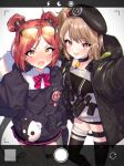  2girls alternate_hairstyle beret blush breasts choker commission double_bun girls&#039;_frontline hairstyle_switch hat headwear_switch light_brown_hair long_sleeves medium_breasts mp7_(girls&#039;_frontline) multiple_girls p90_(girls&#039;_frontline) phone_screen reaching_out red_eyes red_hair selfie skeb_commission sweatdrop uhhgaoh yellow_eyes 