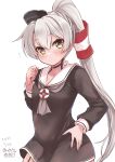  1girl absurdres alternate_hairstyle amatsukaze_(kancolle) brown_dress brown_eyes cowboy_shot dress garter_straps hair_tubes hat high_ponytail highres kantai_collection long_hair mashiro_yukiya mini_hat sailor_dress short_dress silver_hair solo windsock 