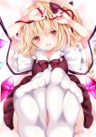  1girl :d arms_up bed_sheet blonde_hair bow collared_shirt commentary_request crystal dress_shirt feet flandre_scarlet foot_focus frilled_shirt_collar frills head_tilt highres long_hair looking_at_viewer nail_polish nanase_nao no_shoes one_side_up open_mouth red_bow red_nails red_ribbon red_skirt red_vest ribbon shirt short_sleeves skirt smile soles solo thighhighs touhou vest white_legwear white_shirt wide_sleeves wings 