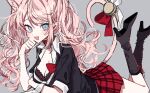  1girl :d animal_ears bangs bell black_bra black_footwear black_shirt blue_eyes boots bow bra breasts cat_ears cat_tail cleavage collarbone commentary_request danganronpa:_trigger_happy_havoc danganronpa_(series) enoshima_junko from_side grey_background hair_ornament high_heel_boots high_heels knee_boots long_hair lying necktie on_stomach open_mouth patzzi plaid plaid_skirt red_bow red_skirt shirt simple_background skirt smile tail twintails underwear 