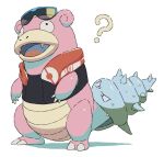  ? black_vest claws commentary eyewear_on_head fangs full_body no_humans open_mouth orange_towel pokemon pokemon_(creature) pokemon_(game) pokemon_unite simple_background slowbro solo standing sunglasses tongue towel towel_around_neck ushidori_(cowbirdfrog) vest white_background 