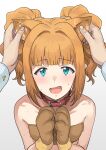  1boy 1girl :d animal_ears animal_hands bangs bare_shoulders belt_collar bikini blue_eyes blunt_bangs breasts collar collarbone commentary crooked_smile dog_ears ear_grab eyebrows_visible_through_hair from_above fur_bikini hair_intakes hair_ornament hair_scrunchie hands_on_own_chest highres idolmaster idolmaster_(classic) looking_at_viewer male_hand open_mouth orange_hair pov producer_(idolmaster) red_collar red_neckwear scrunchie short_hair short_twintails sidelocks simple_background sleeveless small_breasts smile sound_effects standing strapless strapless_bikini sweat swimsuit takatsuki_yayoi touching_ears tsurui tube_top twintails upper_body upturned_eyes white_background 