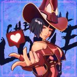  1girl absurdres black_hair breasts cleavage fingerless_gloves gloves guilty_gear guilty_gear_xrd hat heart highres i-no looking_at_viewer pink_eyes red_headwear short_hair witch_hat 