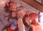  2girls animal_ears bed blush breasts brown_hair cape cunnilingus dress fang imaizumi_kagerou long_hair masanaga_(tsukasa) nipples no_bra nopan pink_hair pussy red_eyes sekibanki tail touhou uncensored yuri 