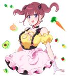  1girl avocado bangs blush bow carrot collarbone eyebrows_visible_through_hair floating_hair frilled_shirt frills hair_behind_ear highres lee_roha mugimugigo nijisanji nijisanji_kr off-shoulder_shirt off_shoulder onion open_mouth pink_bow pink_skirt purple_eyes shirt skirt smile solo suspenders tomato twintails virtual_youtuber yellow_bow 