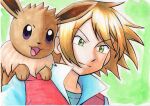  1boy bangs blonde_hair closed_mouth commentary_request eevee eyebrows_visible_through_hair floating_hair green_eyes highres jacket looking_down male_focus oka_mochi pokemon pokemon_(anime) pokemon_(creature) pokemon_bw_(anime) popped_collar red_jacket shirt traditional_media upper_body virgil_(pokemon) 