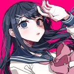  1girl :o bangs blue_eyes blue_hair blue_sailor_collar bow danganronpa:_trigger_happy_havoc danganronpa_(series) grey_shirt hair_ornament hairclip hand_up long_hair long_sleeves looking_at_viewer maizono_sayaka patzzi pink_background pink_bow sailor_collar school_uniform shirt simple_background solo upper_teeth 