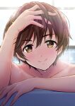  1girl arm_rest bangs bare_shoulders blush brown_eyes brown_hair closed_mouth collarbone commentary_request eyebrows_visible_through_hair hair_between_eyes hand_on_own_head hand_up head_tilt highres idolmaster idolmaster_cinderella_girls indoors lens_flare looking_at_viewer nude oikawa_shizuku portrait short_hair sidelocks smile solo wet window yuki_sizuku 