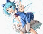  1girl :d absurdres bangs bent_over blue_bow blue_dress blue_eyes blue_hair bow cirno dress eyebrows_behind_hair hair_bow highres huge_filesize looking_at_viewer open_mouth pentagon_(shape) pinafore_dress puffy_short_sleeves puffy_sleeves shirt short_hair short_sleeves smile solo spam_(spamham4506) touhou v white_background white_legwear white_shirt 