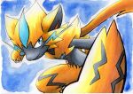  blue_background blue_eyes claws closed_mouth commentary_request fang fang_out furry highres looking_to_the_side mythical_pokemon oka_mochi pokemon pokemon_(creature) smile solo traditional_media yellow_fur zeraora 