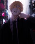  1boy black_coat blonde_hair business_suit chainsaw_man city coat demon_boy denji_(chainsaw_man) finger_to_mouth formal highres jeffxart long_sleeves looking_at_viewer necktie orange_eyes shirt short_hair solo suit teeth third-party_edit white_shirt 