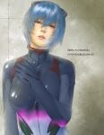  1girl albino ayanami_rei black_bodysuit blue_hair bodysuit breasts changing_colors commentary evangelion:_3.0_you_can_(not)_redo expressionless hair_between_eyes hand_on_own_chest hand_up head_tilt headgear looking_at_viewer medium_breasts neon_genesis_evangelion parted_lips plugsuit rebuild_of_evangelion red_eyes solo transformation transforming_clothes translation_request upper_body upper_teeth watanabe_yasuaki white_bodysuit 