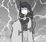  1girl bangs blunt_bangs commentary_request crossed_arms eyebrows_visible_through_hair genshin_impact greyscale hair_ornament highres japanese_clothes lightning long_hair looking_at_viewer low_ponytail mole mole_under_eye monochrome obi pandramodo purple_eyes raiden_shogun sash sidelocks solo wide_sleeves 