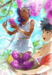  2boys basket black_hair blue_sky changye circlet clippers dark-skinned_male dark_skin dionysus_(hades) food fruit grapes greek_clothes green_eyes hades_(game) heterochromia long_hair low-tied_long_hair male_focus multiple_boys open_mouth plant purple_eyes purple_hair red_eyes sky smile vines younger zagreus_(hades) 