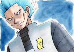  1boy black_shirt blue_background blue_eyes blue_hair closed_mouth commentary_request cyrus_(pokemon) frown grey_vest highres logo looking_down male_focus oka_mochi pokemon pokemon_(game) pokemon_dppt shirt short_hair solo spiked_hair team_galactic traditional_media upper_body vest 