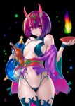  1girl bangs black_background bob_cut breasts commentary_request cup eyebrows_visible_through_hair fate/grand_order fate_(series) horns looking_at_viewer medium_breasts murasaki_nyaa navel oni oni_horns pale_skin pink_eyes purple_hair revision sakazuki short_hair shuten_douji_(fate) skin-covered_horns solo standing thighhighs 