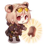  1girl absurdres blush_stickers boned_meat chibi commission crr001 double_bun food girls&#039;_frontline giving highres light_brown_hair meat p90_(girls&#039;_frontline) red_eyes second-party_source short_eyebrows short_hair smile solo thick_eyebrows 