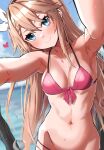  1girl armpits bikini blue_sky braid breasts closed_mouth cloud commentary_request copyright_request day eyebrows_visible_through_hair hair_between_eyes heart highres long_hair medium_breasts navel ocean outdoors pink_bikini sky smile solo swimsuit takanashi_kei_(hitsujikan) 