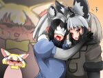 3girls anger_vein angry animal_ears bangs bat-eared_fox_(kemono_friends) black_hair blindfold blonde_hair bow bowtie chibi commentary_request common_raccoon_(kemono_friends) covered_eyes elbow_gloves extra_ears eyebrows_visible_through_hair facing_another fang fennec_(kemono_friends) flustered flying_sweatdrops fox_ears fur-trimmed_sleeves fur_collar fur_trim furrowed_brow gloves grey_hair hand_on_own_face isna_(footprintsofisna) kemono_friends looking_at_viewer medium_hair multicolored_hair multiple_girls open_mouth raccoon_ears shaded_face short_sleeve_sweater short_sleeves sidelocks smile sweater upper_body white_hair 