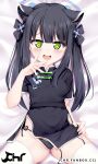  1girl :d animal_ear_fluff animal_ears bangs bed_sheet black_bow black_dress black_hair blue_archive blush bow breasts cameltoe china_dress chinese_clothes chrisandita commentary_request dress eyebrows_visible_through_hair green_bow green_eyes groin hair_bow halo hand_up highres long_hair looking_at_viewer open_mouth panties pelvic_curtain short_sleeves shun_(blue_archive) side-tie_panties small_breasts smile solo thighhighs twintails underwear untied untied_panties very_long_hair watermark web_address white_legwear 