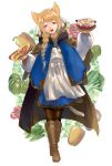  1girl animal_ears black_legwear blonde_hair blue_eyes boots bowl braid brown_footwear cck_(ops) fangs food full_body hase_mito_klein holding holding_bowl holding_food long_sleeves looking_at_viewer pepper pixiv_fantasia pixiv_fantasia_mountain_of_heaven solo standing tail tomato vegetable 