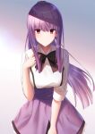  1girl absurdres asagami_fujino bangs black_neckwear blush breasts closed_mouth eyebrows_visible_through_hair floating_hair gradient gradient_background highres kara_no_kyoukai large_breasts leaning_forward long_hair looking_at_viewer miniskirt okakasushi ponytail purple_background purple_hair purple_skirt red_eyes shiny shiny_hair shirt skirt smile solo standing very_long_hair white_background white_shirt 